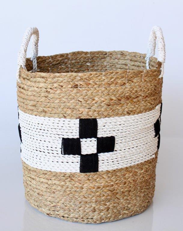 Set Of 2 Natural, Black & White Check Baskets